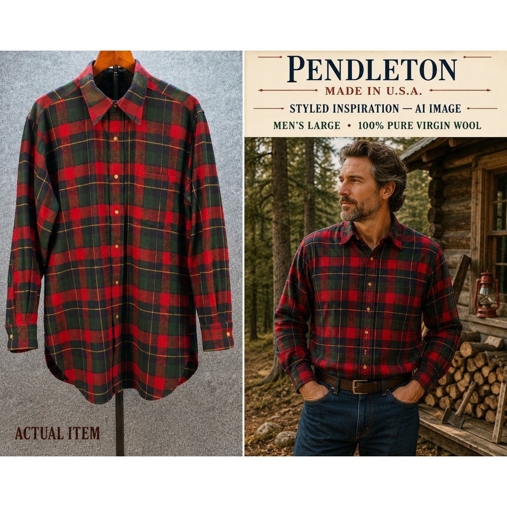 Pendleton Wool Shirt Mens L Red Green Plaid Excellent Washable Virgin Wool USA